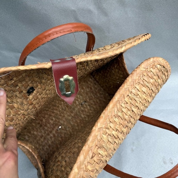 Raffia Straw Tote Bag Mexican Boho Bag Purse Beach Bag Tote w Leather Accent - Picture 5 of 5